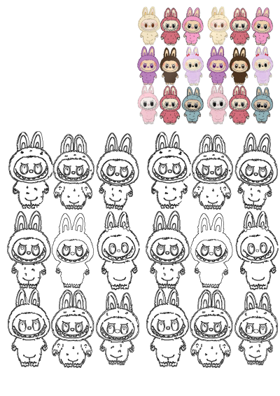 Collection of vibrant, plush-style bunny characters with mischievous grins, alongside their black and white outlines for artistic fun.