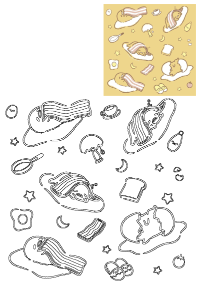 A delightful Gudetama pattern shows the lazy egg sleeping with bacon blankets amidst breakfast items like fried eggs, toast, and coffee.