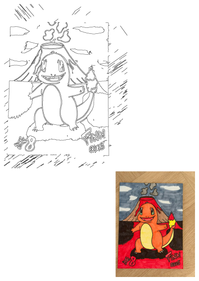 Vibrant Charmander Pokemon drawing with an erupting volcano, smoke, clouds, and fire on its tail. Features colored and outline versions.