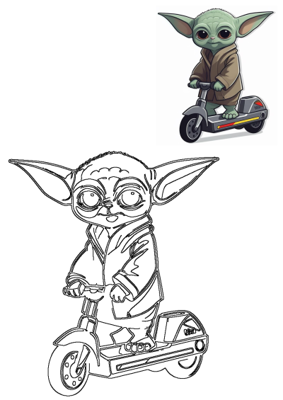 Cute Grogu (Child Yoda) in a brown robe rides an electric scooter in a cartoon illustration, with a black and white outline for coloring.