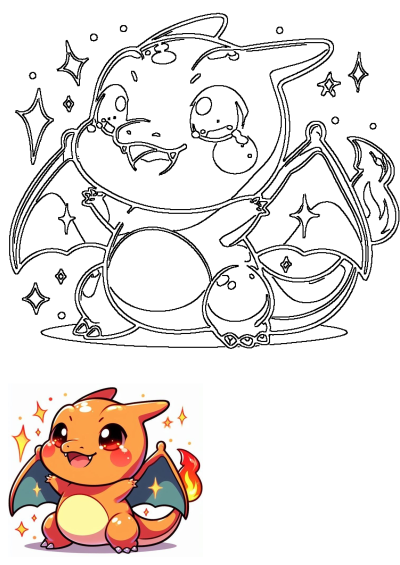 Outline drawing of a cute cartoon Charizard Pokemon character fan art, featuring a happy expression, big eyes, and detailed wings.