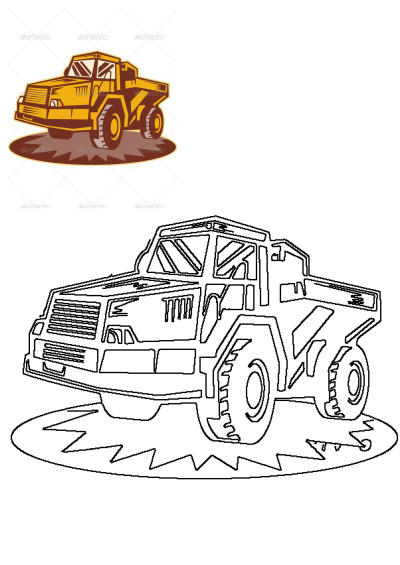 Vibrant yellow dump truck illustration alongside its black and white outline version on a white background, suitable for kids' activities.
