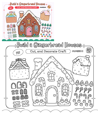 Festive printable craft template for building a gingerbread house, complete with cuttable doors, windows, trees, and candy decorations.