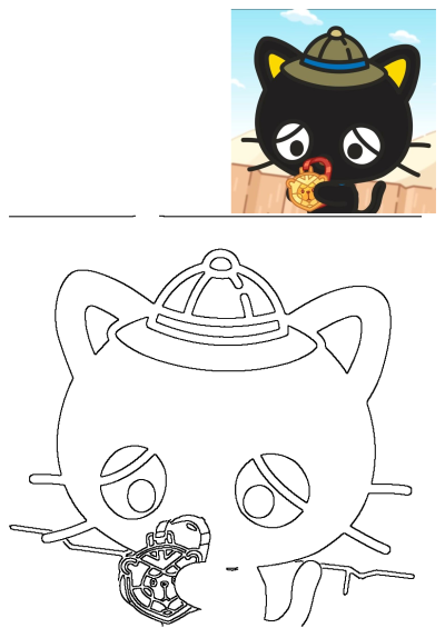 A black cat cartoon in a safari hat holds a lion-head gold medal, accompanied by its black and white outline for creative projects.