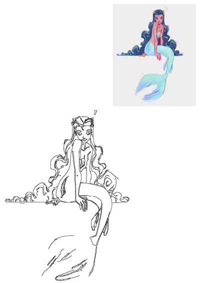 Beautiful mermaid art illustration features a whimsical siren with long dark blue hair, yellow flowers, and a shimmering blue tail.