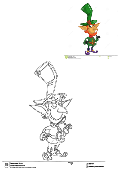 A cheerful cartoon leprechaun with a green hat and red beard for St. Patrick's Day, alongside its outline for coloring.