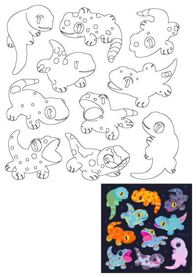 A collection of cute cartoon gecko illustrations, featuring outline designs and a vibrant colorful group with polka dots on a dark background.