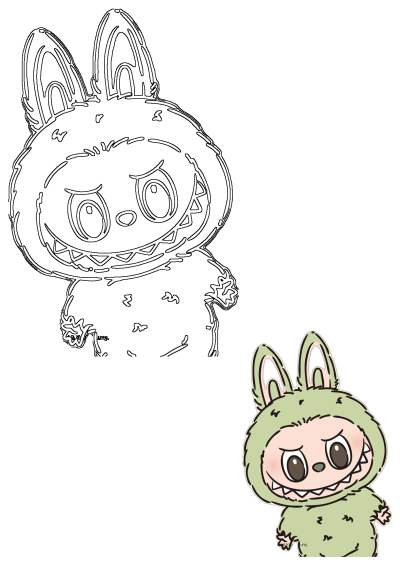 A cute green fluffy monster bunny character illustration with big eyes and a friendly toothy grin, alongside its black outline version.