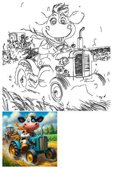 A cheerful cartoon cow drives a blue tractor through a farm field, a lively farm animal art scene with other tractors.