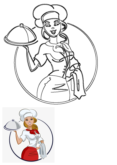 Cartoon illustration of a smiling woman chef in a toque holding a silver platter and a towel, depicted within a circular frame.