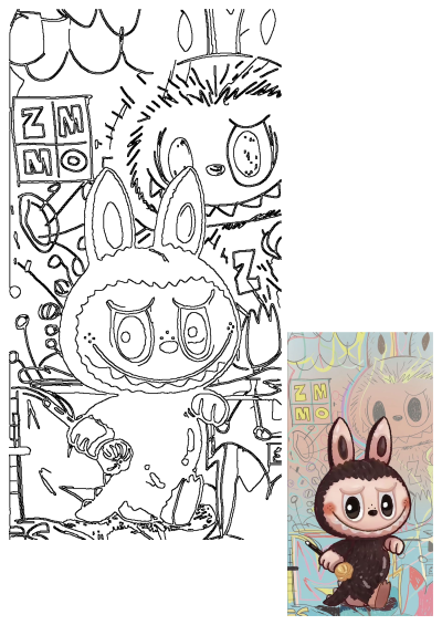 A cheerful, fluffy dark bunny artist holding a paintbrush, set against a vibrant, abstract background with doodles and shapes.