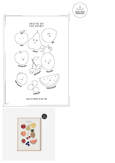 Christian nursery wall art print features cute fruits (apple, pineapple, watermelon) symbolizing Fruits of the Spirit (Love, Joy, Peace) from Galatians 5:22-26.