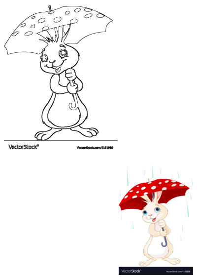 A cute white rabbit character smiling cheerfully under a red polka dot umbrella, protecting itself from the falling rain.