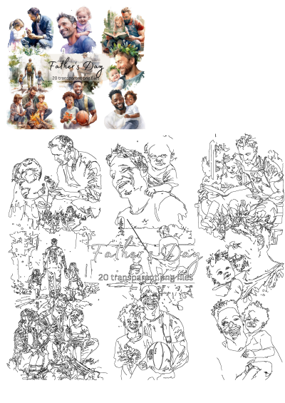 Fathers Day watercolor cliparts featuring dads and children sharing heartwarming moments. Perfect for crafts & designs. Transparent PNG files.