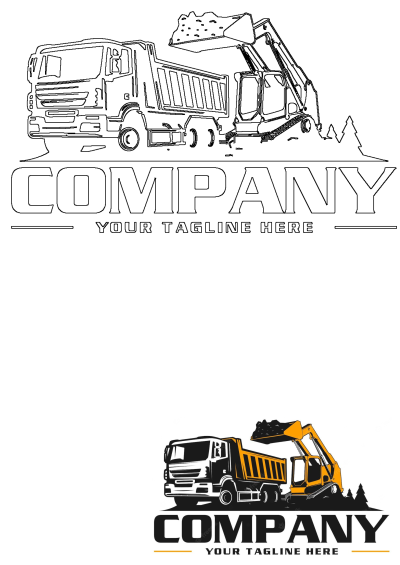 Vector logo design featuring a dump truck loaded by an excavator, with both outline and colored versions for a construction company.