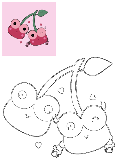 Two adorable cartoon cherries with smiling faces and hearts on a pink background. One cherry has a cute bow in its hair.