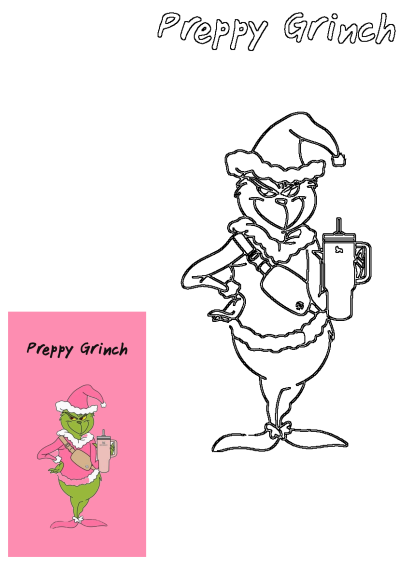 Preppy Grinch with a pink Santa hat, sweater, and fanny pack, holding a Stanley tumbler. Includes vibrant colored design and outline.