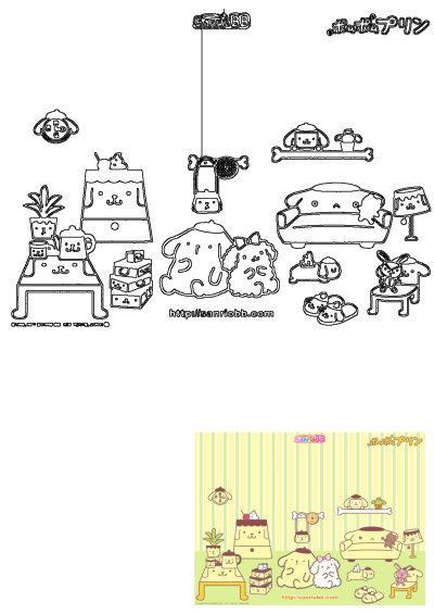 A cute Sanrio Pompompurin cartoon living room scene with characters shaped as furniture, plants, and sweet treats.