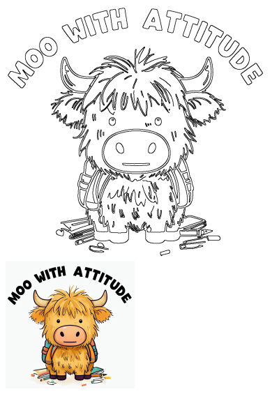 Cute cartoon Highland cow outline with a backpack and school supplies, featuring 'Moo With Attitude' text, perfect for back to school 2025.