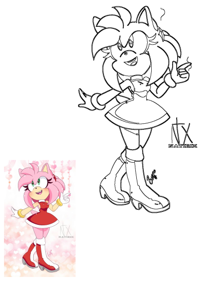 Amy Rose, from Sonic, with vibrant pink hair and a red dress, shown as a cheerful colored illustration and detailed line art.