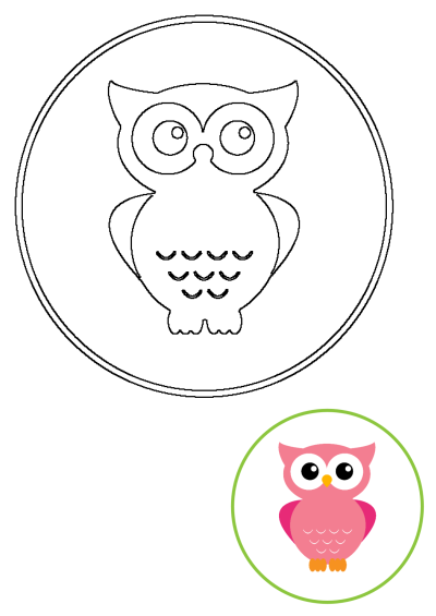 A black and white outline of a cute owl paired with a vibrant pink morepork owl for a baby shower invitation theme.