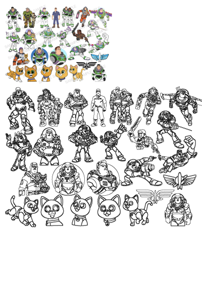 Buzz Lightyear, Sox, and other Lightyear movie characters from the Toy Story universe. Features colorful and outline clipart.
