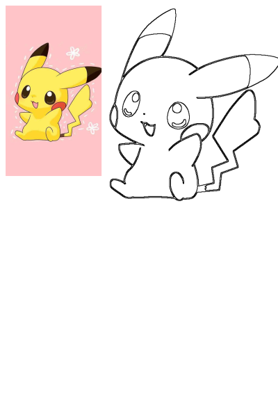 Cute Pikachu Pokemon artwork on a vibrant pink background, alongside a simple outline drawing ready for coloring.