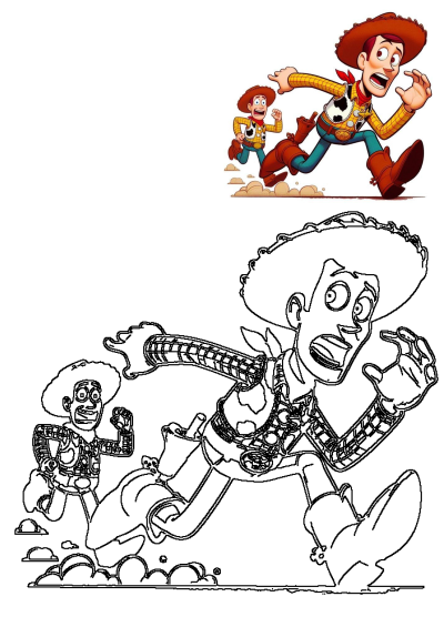 Dynamic image features Toy Story's Woody running in his iconic cowboy hat and outfit, shown as a vibrant colored cartoon and a detailed outline.