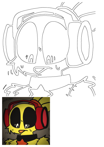 Kickin Chicken 2025 cartoon character outline, featuring a yellow bird with red headphones, worried expression, and star icon.