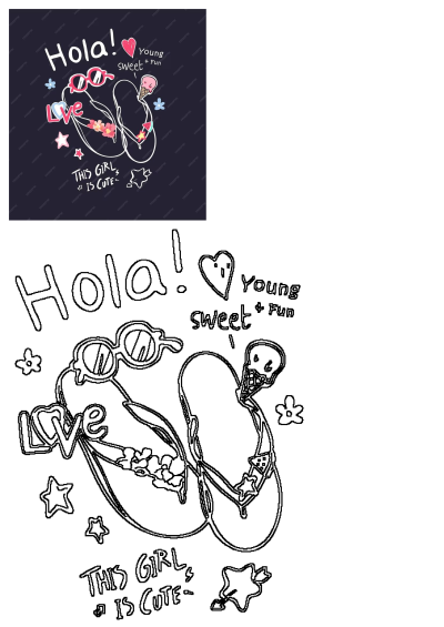 Cute cartoon vector design featuring flip-flops, sunglasses, ice cream, plus playful slogans 'Hola!' & 'This girl is cute'.