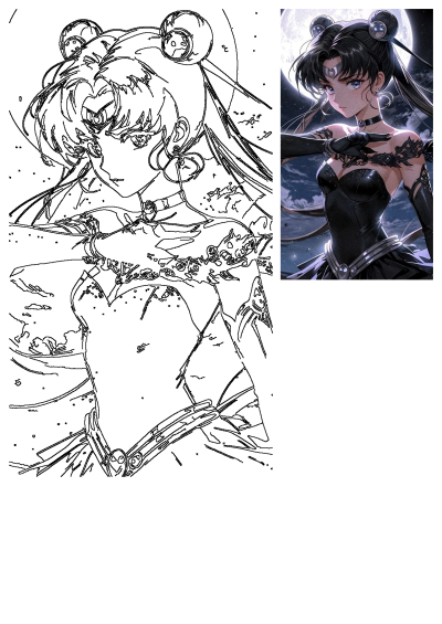 Sailor Moon's evil anime girl, Black Lady, in a dark aesthetic gothic dress against a full moon and starry night sky. Perfect wallpaper.