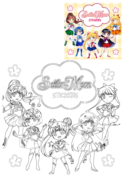 Sailor Moon stickers featuring colorful chibi anime characters, complete with a black and white outline version for creative coloring.