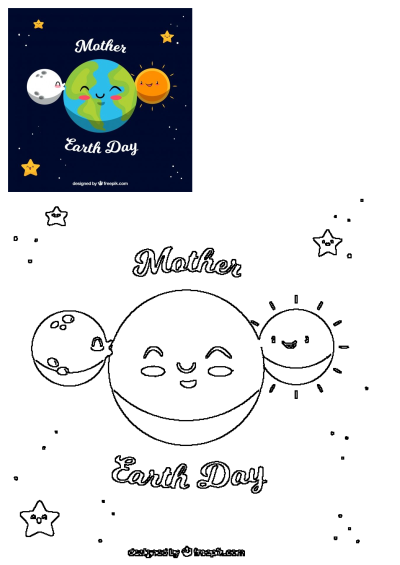 Mother Earth Day illustration featuring a smiling Earth, Sun, and Moon embracing in a dark blue starry sky.