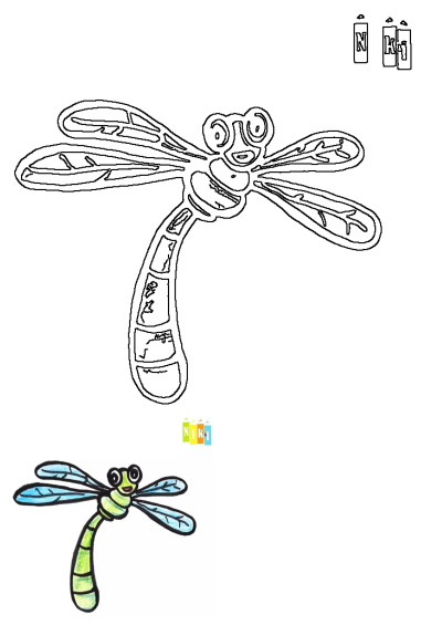 A vibrant cartoon dragonfly drawing showing both a detailed black outline and a smaller, fully colored example with a green body and blue wings.
