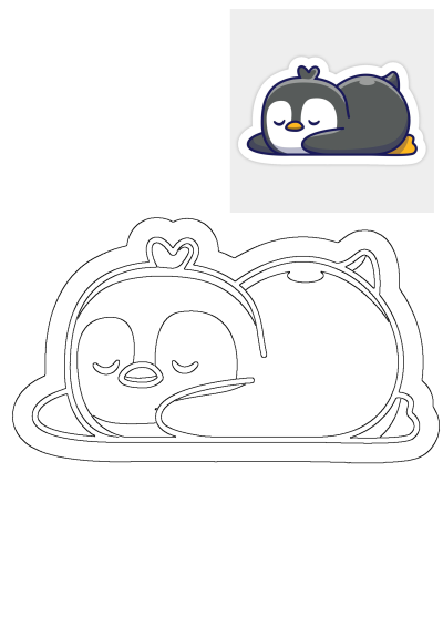 A charming cartoon illustration of a cute sleeping penguin, presented both as a full-color sticker and a clean line art outline.