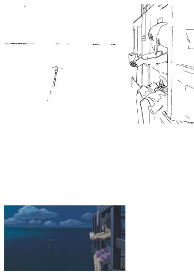 Chihiro from Spirited Away gazes out from a wooden platform over the calm night sea, watching a distant train on the water.