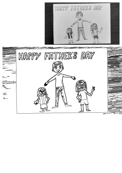 A heartwarming hand-drawn Father's Day card featuring a smiling dad with his two children and "HAPPY FATHER'S DAY" text.