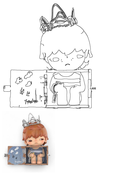 Conceptual art showing a melancholic boy wearing a wire crown, cuffed with a keychain inside a wooden box with 'Freedom' painted on the lid.