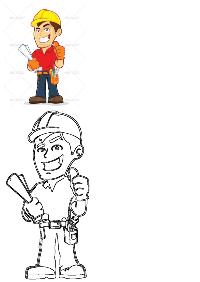 Cartoon Construction Worker Thumbs Up Plans features a cheerful worker in a hard hat with blueprints, giving a thumbs up. Includes outline.