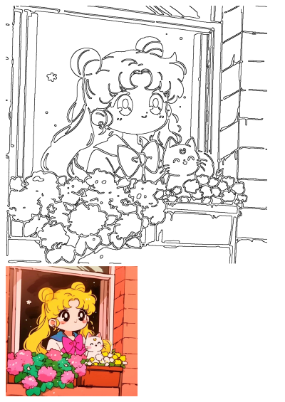 Charming anime outline of Sailor Moon with her cat Luna peeking from a window adorned with vibrant flowers and a flowerbox.