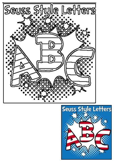 Outline of Seuss style ABC letters with patriotic stars and stripes pattern inside comic bursts, ready to be colored.