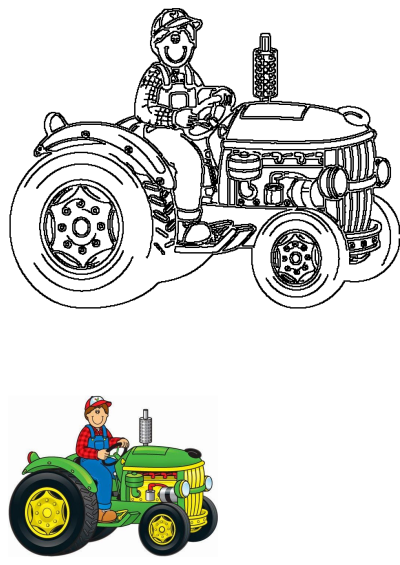 A smiling cartoon man in blue overalls and a red hat drives a vibrant green tractor with bright yellow wheel rims.