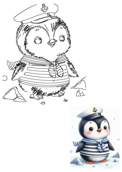 Cute penguin sailor stands in snow. Includes a black and white outline for coloring and a charming watercolor illustration.