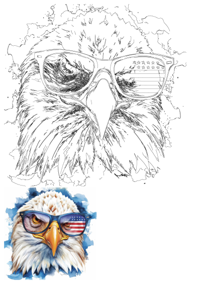A patriotic bald eagle head wearing sunglasses reflecting the American flag. Features a vibrant watercolor painting and a detailed line art.