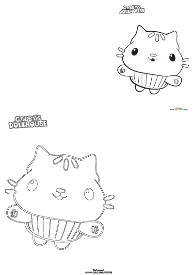 Printable outline image featuring two cute Cakey Cat characters from Gabby's Dollhouse, ready for coloring fun.