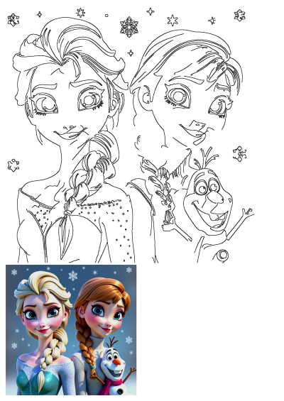 Vibrant portrait of Disney's Frozen characters Elsa, Anna, and Olaf, accompanied by a detailed line art version.