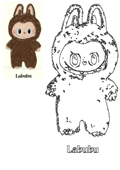 Labubu in a brown bunny costume. Features a vibrant drawing and an outline drawing for kids to color. Captures its mischievous charm.