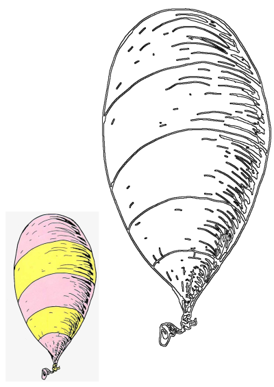 A charming illustration of a hot air balloon featuring vibrant pink and yellow stripes, presented with its black and white outline.