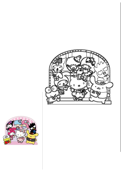 Hello Kitty and Friends cartoon characters party scene, featuring line art of My Melody, Kuromi, Pompompurin, Keroppi, and Little Twin Stars.