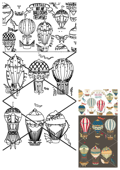 A vibrant clip art set featuring diverse vintage hot air balloons, some in intricate outlines and others richly colored, adorned with decorative patterns and baskets.